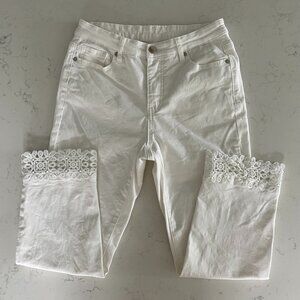 Melanie Lyne Casual 5 Pocket Cotton Cropped Denim Jeans Lace Hem White Sz 6